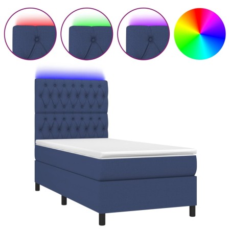 Letto a Molle con Materasso e LED Blu 90x200 cm in Tessuto