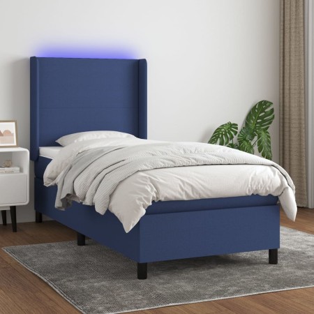 Letto a Molle con Materasso e LED Blu 90x200 cm in Tessuto