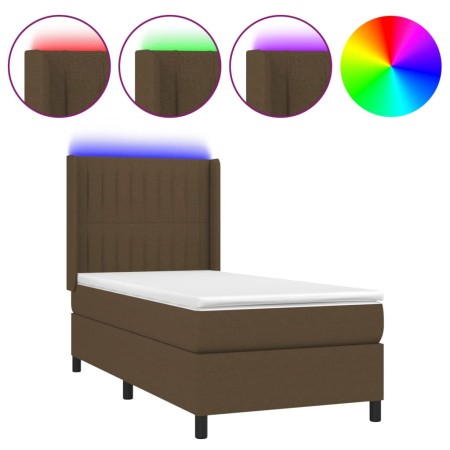 Letto a Molle Materasso e LED Marrone Scuro 90x200cm in Tessuto