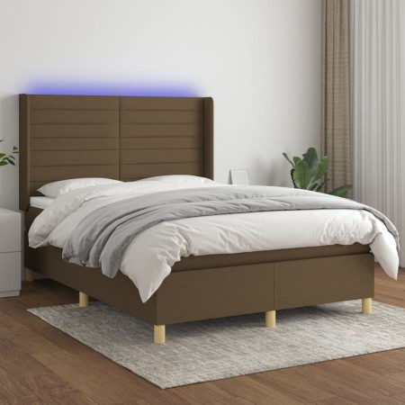 Letto a Molle Materasso e LED MarroneScuro 140x190cm in Tessuto