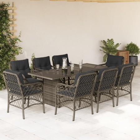 Set da Pranzo da Giardino 9 pz con Cuscini in Polyrattan Grigio