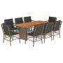 Set da Pranzo da Giardino 9 pz con Cuscini in Polyrattan Grigio