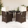 Set da Pranzo da Giardino 5pz con Cuscini in Polyrattan Marrone