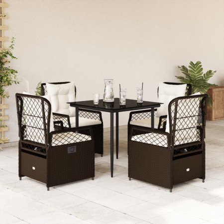 Set da Pranzo da Giardino 5pz con Cuscini in Polyrattan Marrone