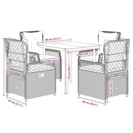 Set da Pranzo da Giardino 5pz con Cuscini in Polyrattan Marrone