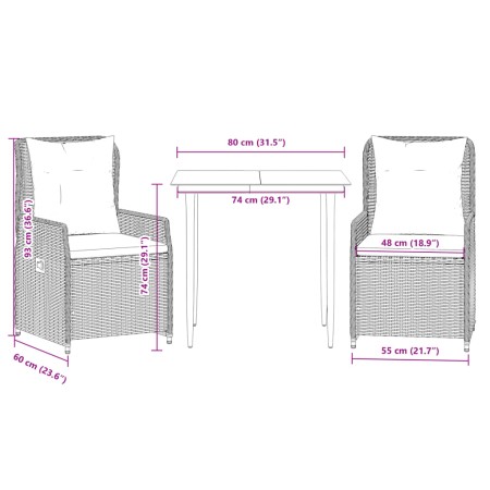 Set da Pranzo da Giardino 3 pz con Cuscini in Polyrattan Grigio