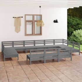 Set Salotto da Giardino 13 pz in Legno Massello di Pino Grigio