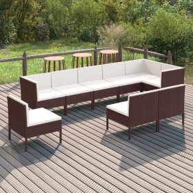 Set Divani da Giardino 9 pz con Cuscini in Polyrattan Marrone