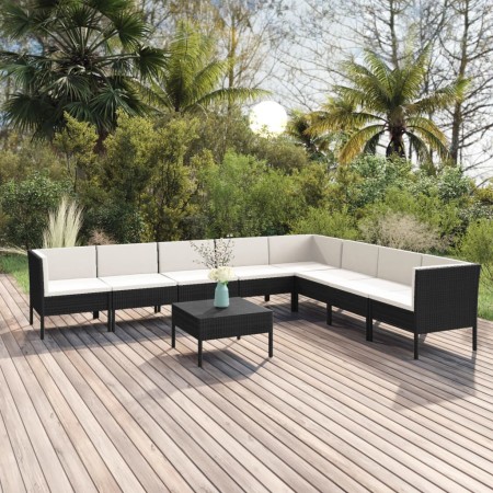 Set Divani da Giardino 9 pz con Cuscini in Polyrattan Nero