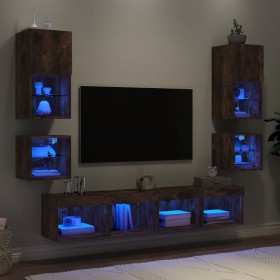 Mobili TV a Muro con LED 8pz Rovere Fumo in Legno Multistrato