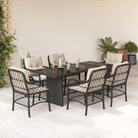 Set da Pranzo da Giardino 7 pz Nero con Cuscini in Polyrattan