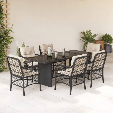 Set da Pranzo da Giardino 7 pz Nero con Cuscini in Polyrattan