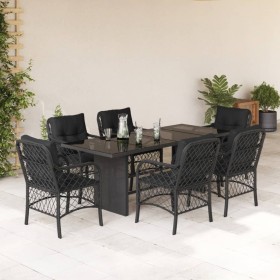 Set da Pranzo da Giardino 7 pz Nero con Cuscini in Polyrattan