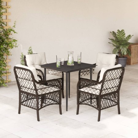 Set da Pranzo da Giardino 5pz con Cuscini in Polyrattan Marrone