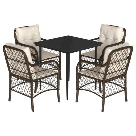 Set da Pranzo da Giardino 5pz con Cuscini in Polyrattan Marrone