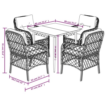 Set da Pranzo da Giardino 5pz con Cuscini in Polyrattan Marrone