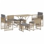 Set da Pranzo da Giardino 7 pz con Cuscini Beige in Polyrattan