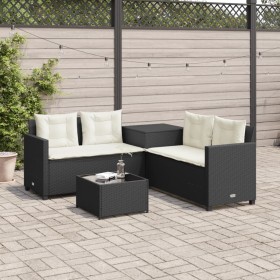 Divano da Giardino con Tavolo e Cuscini a L Nero in Polyrattan