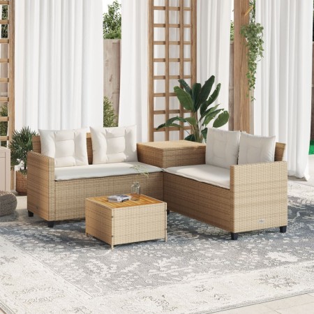 Divano da Giardino con Tavolo e Cuscini a L Beige in Polyrattan