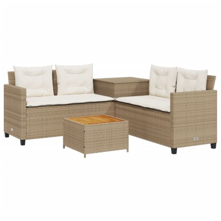 Divano da Giardino con Tavolo e Cuscini a L Beige in Polyrattan