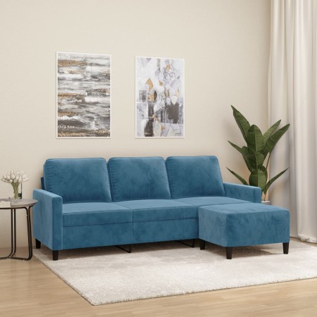Divano a 3 Posti con Poggiapiedi Blu 180 cm in Velluto