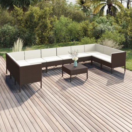 Set Divani da Giardino 11 pz con Cuscini in Polyrattan Marrone