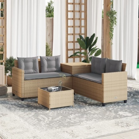 Divano da Giardino con Tavolo e Cuscini a L Beige in Polyrattan