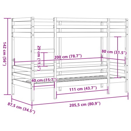 Letto a Castello 80x200 cm in Legno Massello di Pino