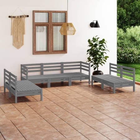 Set Divani da Giardino 7 pz Grigio in Legno Massello di Pino