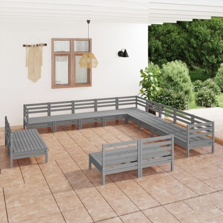 Set Salotto da Giardino 13 pz in Legno Massello di Pino Grigio