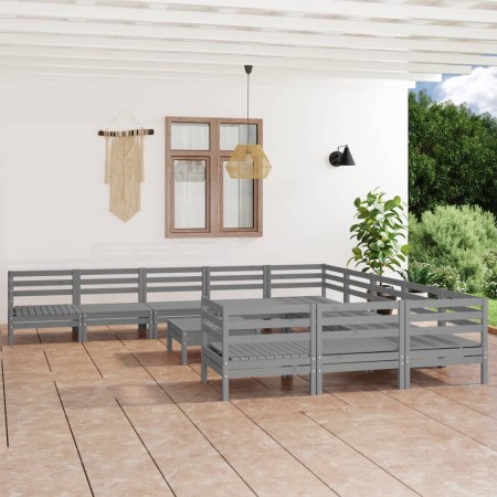 Set Salotto da Giardino 12 pz in Legno Massello di Pino Grigio