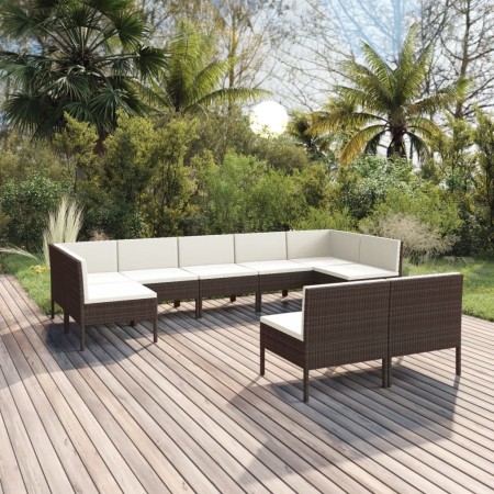 Set Divani da Giardino 9 pz con Cuscini in Polyrattan Marrone