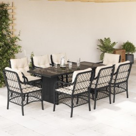 Set da Pranzo da Giardino 9 pz con Cuscini Nero in Polyrattan