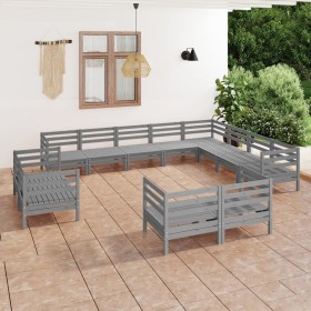 Set Salotto da Giardino 12 pz in Legno Massello di Pino Grigio