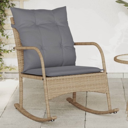 Sedia a Dondolo da Giardino con Cuscini in Polyrattan Beige