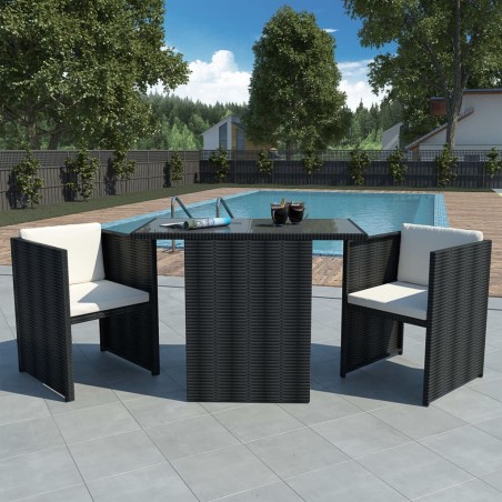 Set da Bistrot 3 pz con Cuscini in Polyrattan Nero