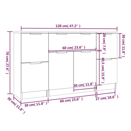 Credenze 3 pz Rovere Marrone in Legno Multistrato