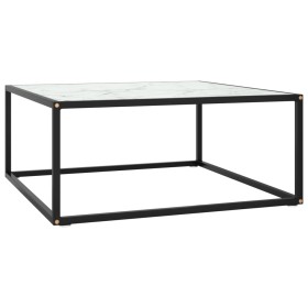 Tavolino da Salotto Nero con Vetro Marmo Bianco 80x80x35 cm