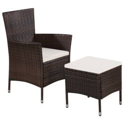 Sedia da Esterno con Sgabello e Cuscini in Polyrattan Marrone