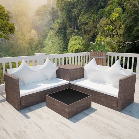 Set Divani da Giardino 4 pz con Cuscini in Polyrattan Marrone