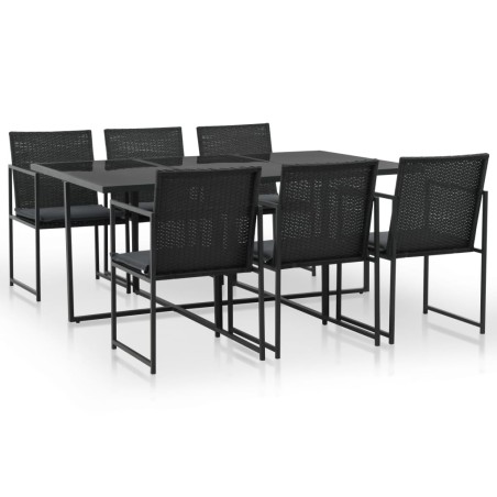 Set da Pranzo da Giardino 7 pz con Cuscini in Polyrattan Nero