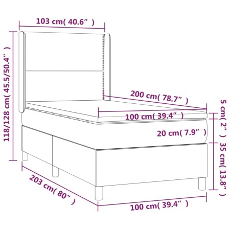 Letto a Molle con Materasso e LED Tortora 100x200cm in Tessuto