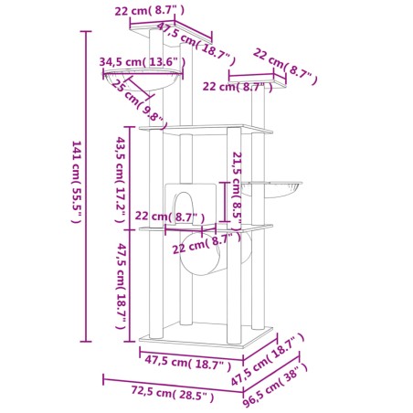 Albero per Gatti con Tiragraffi in Sisal Grigio Scuro 141 cm