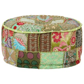 Pouf Patchwork Rotondo Fatto a Mano in Cotone 40x20 cm Verde