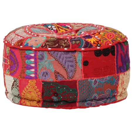 Pouf Patchwork Rotondo Fatto a Mano in Cotone 40x20 cm Rosso