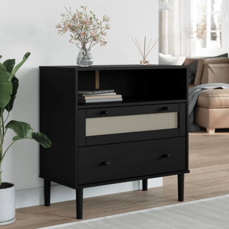 Credenza SENJA Aspetto Rattan Nero 80x40x80 cm Massello Pino