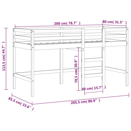 Letto Soppalco con Scala Bambini Nero 80x200cm Massello Pino