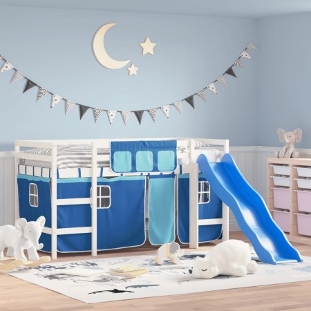 Letto a Soppalco Bambini con Tende Blu 90x190 cm Massello Pino