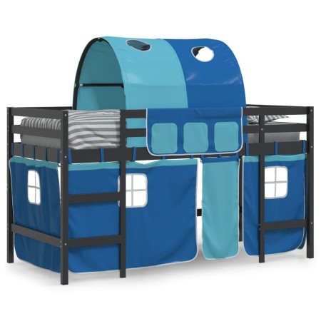 Letto a Soppalco con Tunnel Bambini Blu 90x200cm Massello Pino