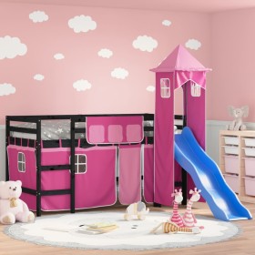 Letto a Soppalco con Torre Bambini Rosa 80x200cm Massello Pino